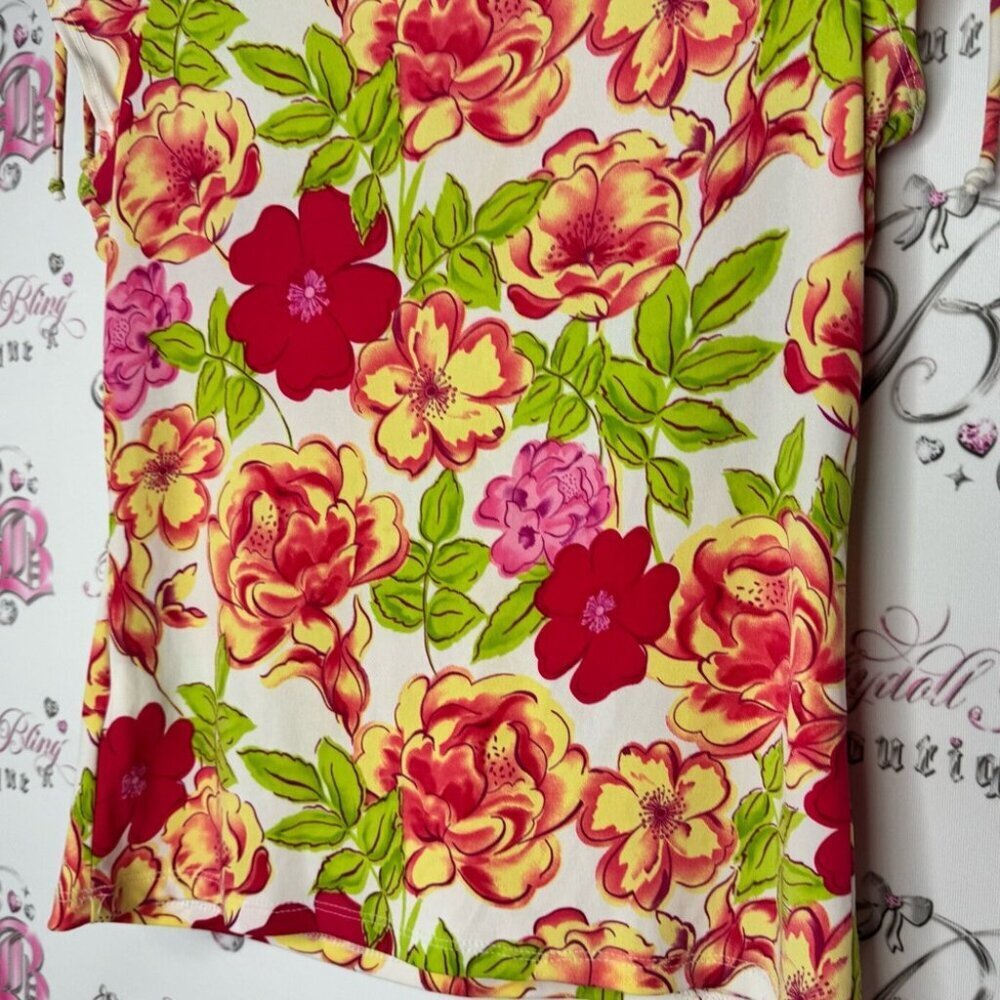Reitmans top cinch tie sleeves bright flowers Floral Print shirt y2k neon - Picture 11 of 11